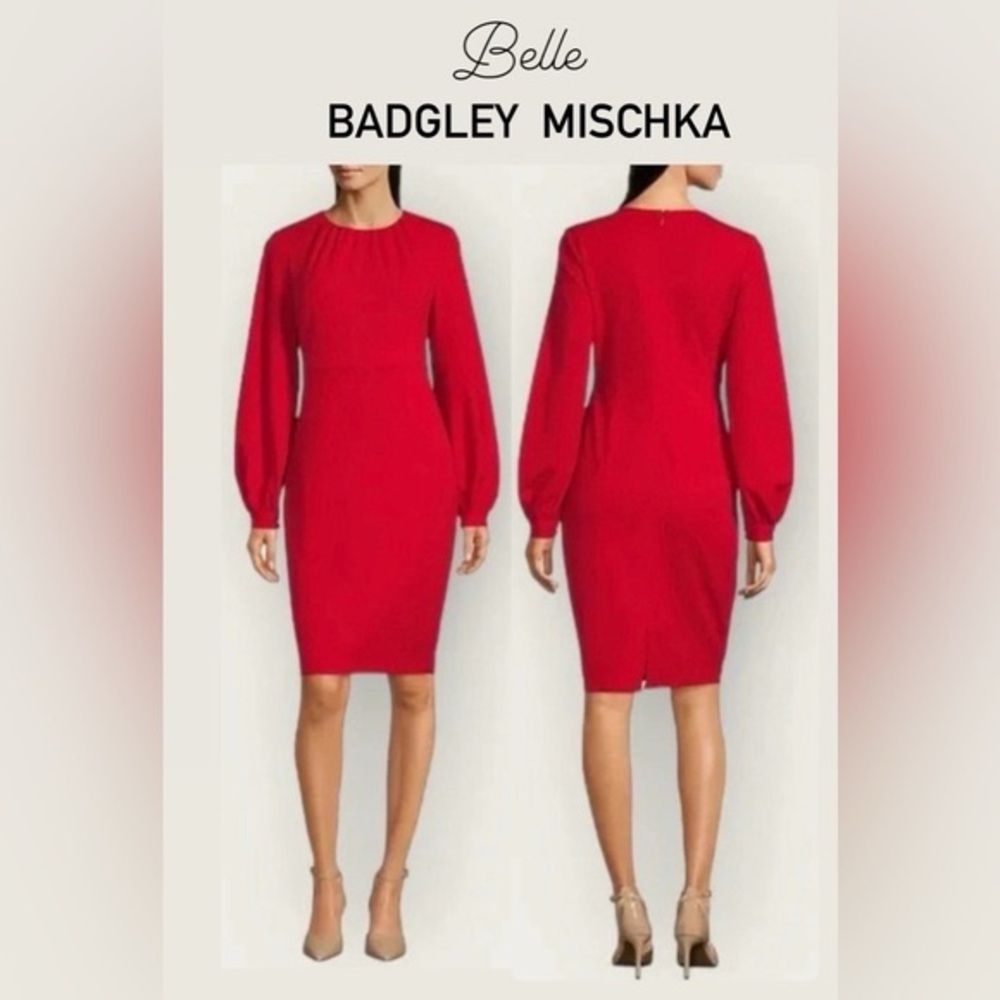 Belle Badgley Mischka Kiera True Red Knee Length Long Balloon Sleeve Dress Sz 6
